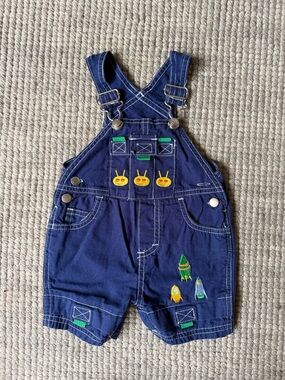 First Impressions Kids’ Short Overalls with Rocket & Alien Embroidery